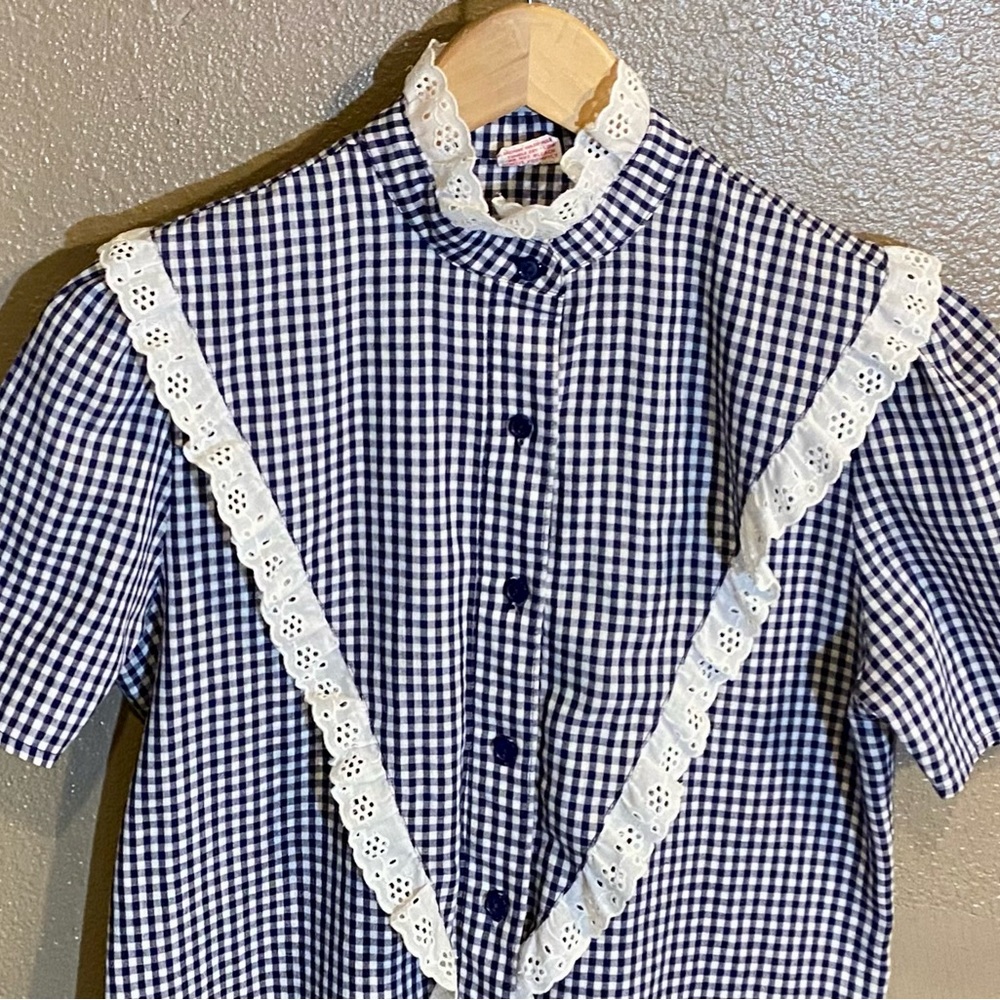 EUC True Vintage Blue & White Gingham Western Cowgirl Button Up Blouse Top XS